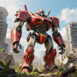 A giant robot in city ruins overtaken by vegetation, post apocalyptic, cinematic, hyper realism, high detail, octane render, unreal engine, 8k, vibrant color, by moebius, syd mead