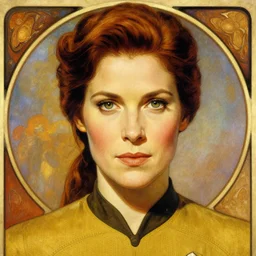 jenna coleman as a star trek captain, a still from star trek painted by alphonse mucha. clear highly detailed face, beautiful sci fi art