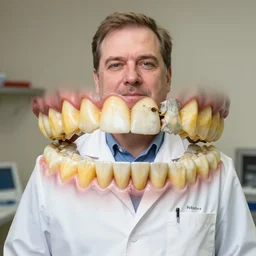 dentist portrait of a dentist with large, giant teeth, rotten teeth, yellow, broken, cavities, moldy by Mark Brooks and Dod Procter