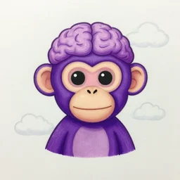 a chill frontal portait drawing of a small cute purple monkey with a brain cap and clouds in the background by inio, beeple and james jean, aya takano color style, trippy, 8 k, super detailed, night sky, digital art, digital painting, clean