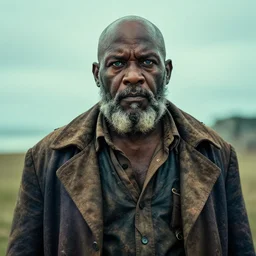 an award winning outdoors portrait photo of a black bald, dirty, old, head shaven french strong and chubby 1 7 0 0 s dirty caribbean olive tanned pirate with shaved head and curly grey dirty beard, crooked big stern face, blue eyes, wearing a big coat, daybreak, teal movie color graded