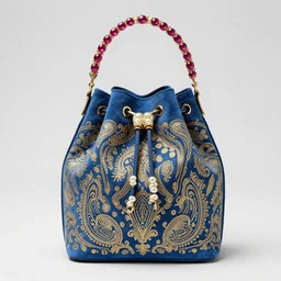 a bucket bag made of blue suede. the bag is decorated with intricate golden paisley patterns. the handle of the bag is made of rubies and pearls.