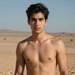 portrait of a handsome shirtless young latino man with short black hair in the mexican desert, art by manuel sanjulian and tom bagshaw