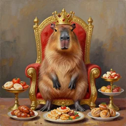painting of a capybara wearing a crown sitting on a throne surrounded by food offerings, trending on artstation