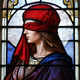 side - view portrait of the iorveth, scoia'tael leader, red cap, red bandana covering one eye, 1 0 th century stained glass window, very masterful
