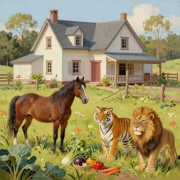 gorgeous old classic farm, vegetables, one beautiful horse, one tiger, one lion, cute farmhouse, slightly vibrant palette, trending on artstation, digital art, oil on canvas, by lulu chen and lynn chen