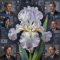pearl iris flower inside digital chaos, norman rockwell, tim hildebrandt, bao phan, bruce pennington, larry elmore, hyperrealistic oil painting on canvas, deep depth field, masterpiece, cinematic composition, hyper - detailed, hd