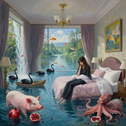 painting of a tall emo girl in her flooded bedroom, pigs, pomegranates, octopus, flooded, floating sculptures, luxury apartment interior with view of nature, art on the walls, fish, zen, waterfall, black swans, canoe, berries, surrealist, by magritte and monet