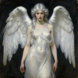 Say who is this with silver hair so pale and Wan! and thin? beautiful lone single feminine!! angel, Venus Aphrodite, in the style of Jean Delville, Lucien Lévy-Dhurmer, Fernand Keller, Fernand Khnopff, oil on canvas, 1896, 4K resolution, aesthetic, mystery