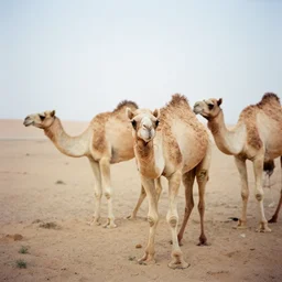 medium format portrait of three camels in rub al khali, ektachrome, hasselblad film shallow focus portrait, soft light photographed on expired color film,