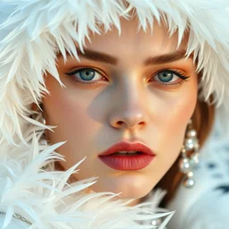 close up of face of fashion model in white feather clothes, official balmain editorial, highly detailed