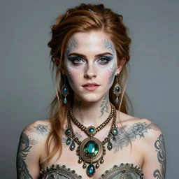 portrait of fairy, symmetric, facepaint facepaint facepaint, intricate jewelry, oversized neck pendant, trending on artstation 4 k, high quality, in the style of karol bak and tom bagshaw, bust with face of emma watson, tattoos