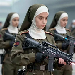 nuns in military uniform with futuristic laser assault rifles fantasy, hd, volumetric lighting, 4 k, intricate detail, by jesper ejsing, irakli nadar