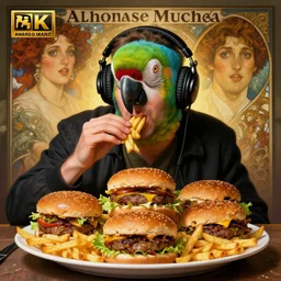 hyperrealist portrait of a man with a parrot head and headphones eating from this massive plate filled with hamburgers and fries. by jeremy mann and alphonse mucha, fantasy art, photo realistic, dynamic lighting, artstation, poster, volumetric lighting, very detailed faces, 4 k, award winning