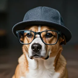 a dog using cool glasses with a cool hat, photography, high detailed, cinematic lighting, 8K