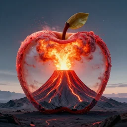 exploding volcano in the shape of an apple