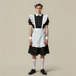 full body painting of grumpy handsome thin beautiful young man in his 2 0 s named min - jun in a french female maid outfit, modern clothing, elegant, clear, painting, stylized, sharp facial features, stylized thin lines, soft but grumpy, highly detailed, art, art by alphonse mucha