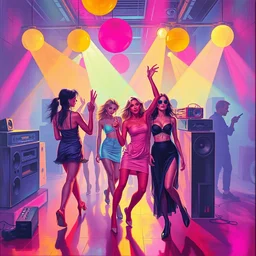 minimalistic. picasso, party, neon, colorful, party happy dancing girls, mixtape, loudspeakers, music, stunning, award, hdr, 8 k, artstation, winning masterpiece by marc simonetti, by moebius and basquiat, oil on canvas