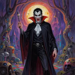 Horrifying vampire in a beautiful dmt multiverse, Don Bluth matte painting, post-processing, fantasy , masterpiece , painting , vibrant colors