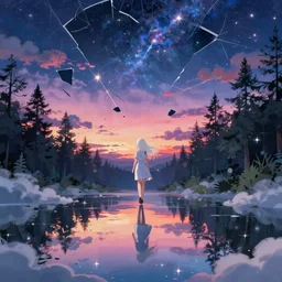white haired girl walking in cloud pond forest dusk, fractal dreamscape, shattered sky cinematic, shooting stars, mirror reflection, vibrant colors, digital anime illustration, award winning, by makoto shinkai