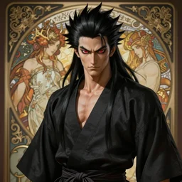 mazoku martial artist, handsome japanese demon boy, young adult yokai with long spiky black hair, vampiric skin, vantablack gi, muscular, red eyes, ultra realistic, intricate details, highly detailed, subsurface scattering, photorealistic, octane render, 8 k, art by artgerm, greg rutkowski, magali villeneuve, alphonse mucha