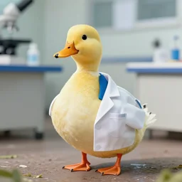 a duck scientist wearing a labcoat, scientist is a duck