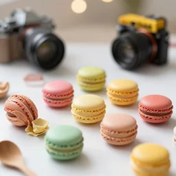 colourful macrons from a high class bakery, depth of field, food photography, isometric, tasty, wide shot, studio, bokeh, gmaster, cooking, food, kodak, sony, canon