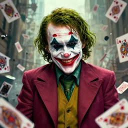 portrait of dc comic villain the joker creepy smile, new york chaotic riot background, scattered joker poker cards, chaos by greg rutkowski, michael hussar, kim jung gi,, james jean, tomer hanuka. sharp focus, elegant, 3 d octane render. ambient occlusion.