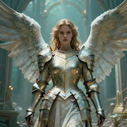 one angel, big wings, low key light, full plate armor with cloth, f 2. 8, bokeh, extreme close up portrait, gentle, female, ornate city ruins, landscape, d & d, fantasy, intricate, elegant, highly detailed, teal white gold color palette, roger deakins, sharp focus, concept art, art by artgerm and greg rutkowski and alphonse mucha