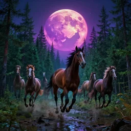 infinite horses flying over murky evergreen forests under colorful neon moon, highly detailed, cinematic, synthwave, tim white, vladimir kush, chris foss, roger dean, philippe druillet, michael whelan, lisa frank, bob eggleton, alfred kelsner, kubrick