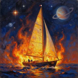A sailboat on a sea of fire, stars and planets in the background, oil painting, masterpiece,