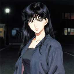 greg manchess painting of an anime woman, direct flash photography at night