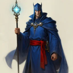 an airbrush fantasy drawing of a warlock character wearing blue robe with red belt by Philip Castle.-H 576