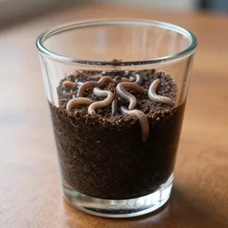 a drinking glass filled with soil and dirt worms on a table