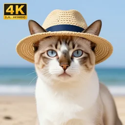 beautiful photo portrait egyptian cat wearing a beach hat at the beach, professional photo, detailed cat, 4 k