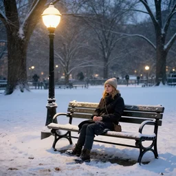 Detailed photo of Maisy Williams sitting on a bench in Central Park during the winter, light snow, a lamp illuminates the area, 2K,