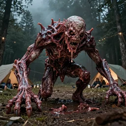 nightmare humanoid monster made with meat, ooze, slime, veins. attacking campsite with campers, crawling, wet, photorealistic, vintage photography, octane render, camera pov