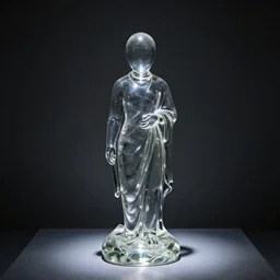 a transparent glass statue made of curves in a dark room