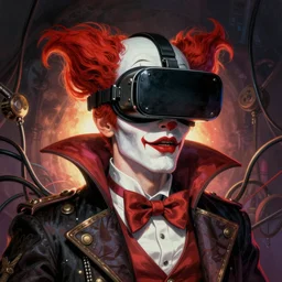 Illustrated by Shepard Fairey and H.R. Geiger | Steampunk Clown Vampire with VR helmet, surrounded by cables