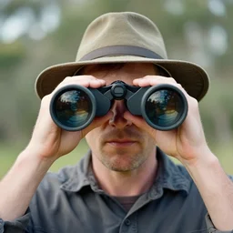 character portrait of australian man wearing a hat and looking directly at the camera through binoculars by james gilleard