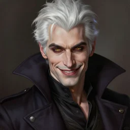 highly detailed painting of a smug smiling male vampire by kuvshinov Ilya and Roset Conrad, handsome face, dark coat, white hair, golden eyes, highly detailed, trending on artstation, cgsociety, pixiv, 4k, 8k, HDR, octane render, unreal engine