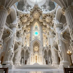 a hyperrealistic 3 d render of a huge sprawling fractal cathedral interior populated by mandelbrot fractals by android jones, unreal engine, carved stone, carved soap, white color scheme, volumetric lighting, octane render, dramatic lighting, glowing, carved marble, opalescent, carved wood, sacred geometry, religious, angelic, catholicpunk, stark, 8 k, ultra detailed