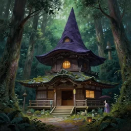 hyper realistic witch cottage japanese shrine in the woods gorgeous lighting, highly detailed, lush forest painting by zdzisław beksinski and norman rockwell and greg rutkowskiweta studio, and lucasfilm
