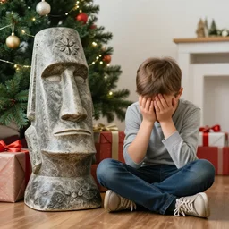 a kid at christmas disappointed and sad that his present was a giant moai statue, his hands buried in his face, sitting down. | inside of a house next to a christmas tree, large present in the back