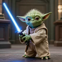 film still of yoda robbing a bank with a lightsaber, highly detailed photo, full shot, depth of field