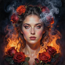 stunning goddess of space portrait. smoke, flame, roses. realistic, symmetrical face. art by bowater charlie and mark brooks and julie bell and arian mark
