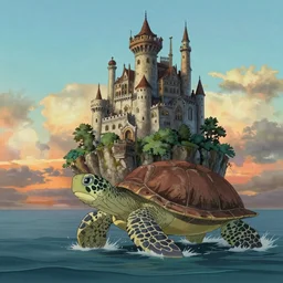 an island with a giant castle on top of the shell of a giant turtle in the ocean, sunset, art by hayao miyazaki, studio ghibli film, hi res, 4k, high detail