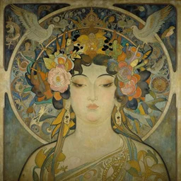 portrait breathtaking detailed concept art painting art deco pattern of birds goddesses amalmation flowers head boudhisme temple, by hsiao ron cheng, tetsuya ichida, bizarre compositions, gaston bussiere, exquisite detail, extremely moody lighting, 8 k, art nouveau, old chines painting, art nouveau