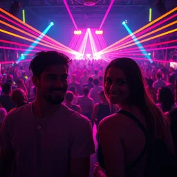 in the front 2 friends partying facing to the camera, in the back a huge crowd and neon lines, surrealism