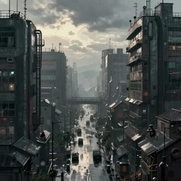 concept art, poor urban dieselpunk rainy city, morning, detailed, smooth lighting, junji ito style, illustration